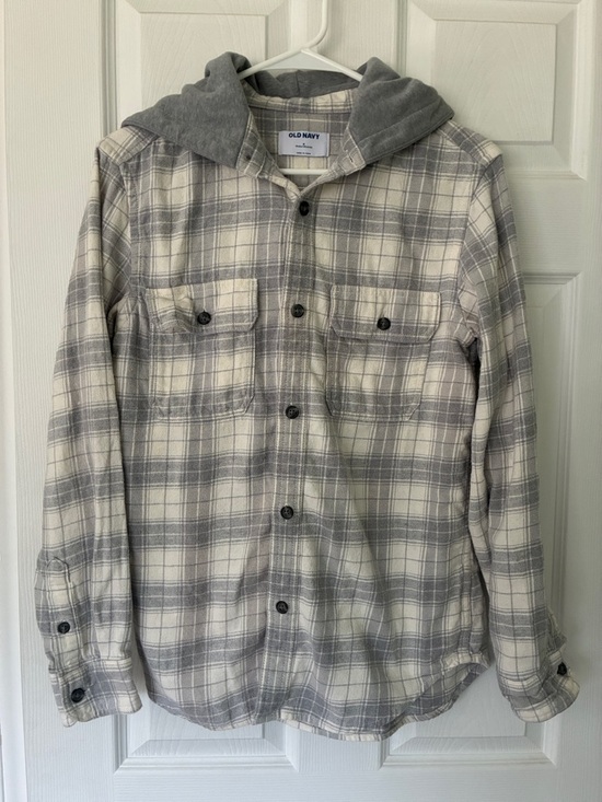Old Navy Other - Old Navy Gray and Cream Plaid Hooded Shirt Men’s Small